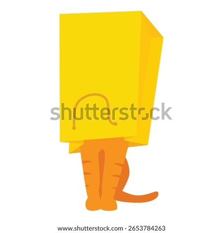 Ginger cat play with yellow paper shopping bag. Cat with paper bag on head. Kitten misbehaving and playing around, crazy funny fluffy kitten. Isolated on white background. Vector