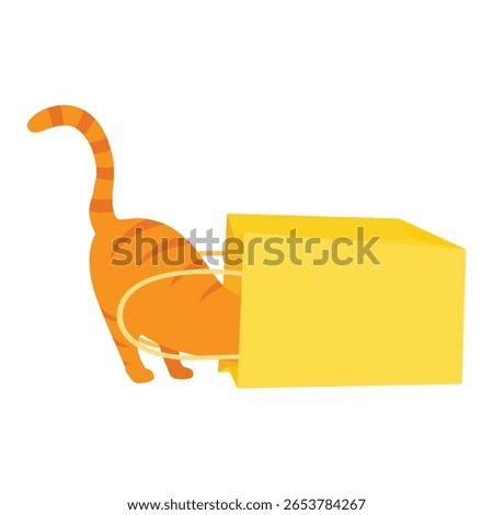 Ginger cat play with yellow paper shopping bag. Cat pushing head into paper bag. Kitten misbehaving and playing around, crazy funny fluffy kitten. Isolated on white background. Vector