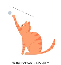 Ginger cat playing with animal toy. Kitten having fun, domestic home pet cartoon vector illustration