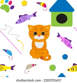 Ginger Cat In Playroom Seamless Pattern