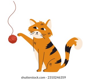 Ginger cat plays with a ball of thread. Lovely kitten. Funny friendly domestic animal, pet. Childish Vector flat illustration isolated on the white background.