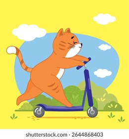 ginger gato montando uma scooter, gatinho pequeno, verão, primavera, férias, descanso, férias, esportes, scooter, rápido, imprimir, impressão de tecido, capa, impressão de roupas, crianças, bebês, marcha, quente, menino, truque, parque, andar