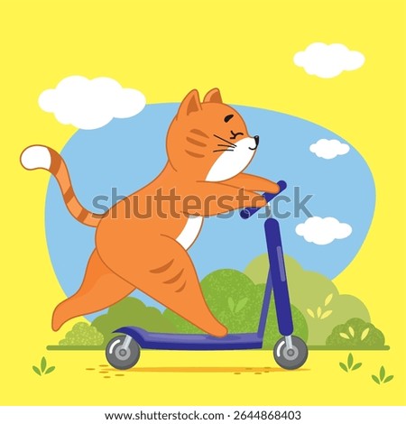 ginger cat riding a scooter, little kitten, summer, spring, vacation, rest, holiday, sports, scooter, fast, print, fabric print, cover, clothes print, kids, babies, march, warm, boy, trick, park, walk