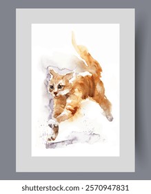 Ginger cat runs along ground, chasing toy or escaping from dog on wall art. Watercolor print. Artwork with ginger cat or kitten having fun and being active, in frame with decor for poster