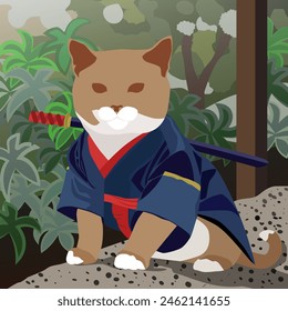 A ginger cat in a samurai kimono with a katana is sitting in a Japanese courtyard. The illustration is made mainly in cold colors. The painting conveys beauty, resilience, admiration, and respect.