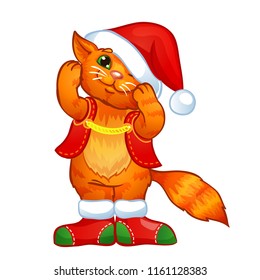 Ginger cat in a Santa hat. Vector illustration isolated on a white background.