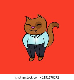 Ginger cat in school form on red background flat vector illustration back to school