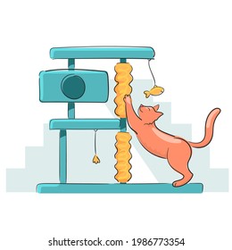 A ginger cat sharpens its claws on a special cat area. Cats center for fun and leisure in the background. Flat color vector illustration.