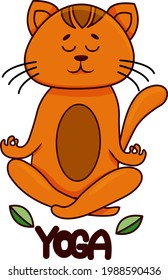 ginger cat sits in lotus position and practices yoga with an inscription and green leaves