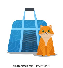 The ginger cat sits next to the carrier. Textile animal carrier bag. Traveling with pets, visiting a veterinarian. Vector illustration isolated on white background.