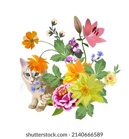 Ingwer Katze sitzend zwischen Blumen einzeln auf weißem Hintergrund auf Vektorgrafik. Sweet print auf einem T-Shirt, Serviette, Kissen mit dem Symbol des chinesischen Neujahrs 2023. Wunderbare Kollektion.