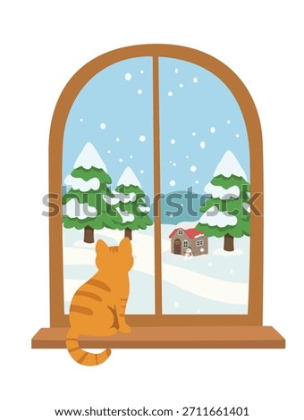 A ginger cat is sitting near the windor, looking at the winter landscape outside with pine tree forest and deep snow.