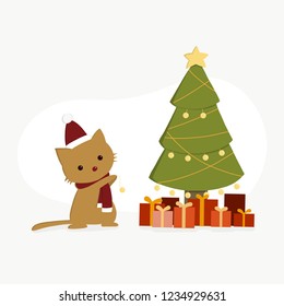 ginger cat sitting next to christmas tree, kitten playing decoration light, x-mas tree with presents/gifts, cat in holiday costume and christmas hat, merry catmas, flat cartoon vector illustration