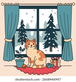 Um gato gengibre está sentado em uma janela com uma floresta de inverno do lado de fora. Ilustração vetorial