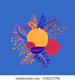 Ginger Cat Sleeping in Flowers Vector Illustration