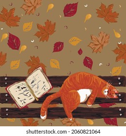 A ginger cat is sleeping on a bench against a background of autumn foliage, next to the cat is an open book. View from above. Vector illustration. Autumn concept