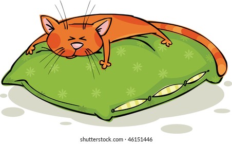 Ginger cat sleeps on a green pillow