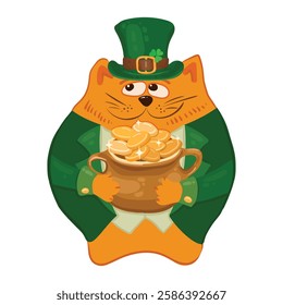 Ginger cat for St. Patrick's Day. Festive leprechaun cat with a pot of gold coins and a green bowler hat. Vector illustration for a postcard, banner, clothing.