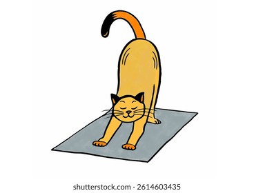 A ginger cat stretches on a gray yoga mat, finding inner peace.