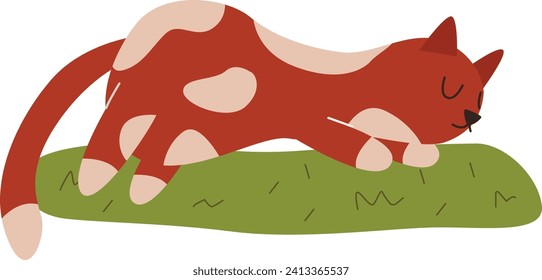 Ginger cat stretching on green grass, happy and relaxed. Cute feline enjoying time outdoors, playful mood, cozy scene.