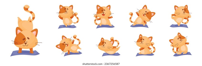 Ginger Cat with Striped Tail Doing Yoga Standing in Asana Vector Set