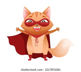 Ginger Cat Superhero Character Wearing Red Cloak and Mask with Outstretched Paws Vector Illustration