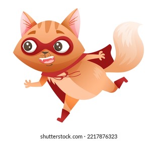 Ginger Cat Superhero Character Wearing Red Cloak and Mask Rushing to Rescue Vector Illustration