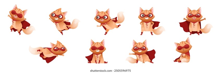 Ginger Cat Superhero Character Wearing Red Cloak and Mask Vector Set