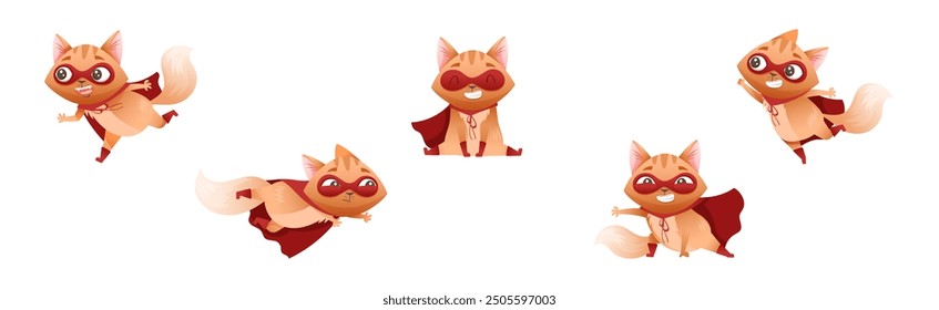 Ginger Cat Superhero Character Wearing Red Cloak and Mask Vector Set