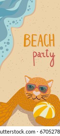 Ginger cat wearing sunglasses, holding beach ball, making selfie on beach with sea wave. Top view. Hand lettered text. Beach party invitation, flyer. Vertical DL size.