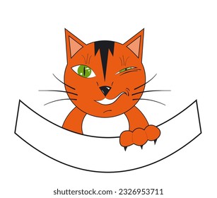 Ginger cat winks and holds an empty banner in its paw. Vector illustration
