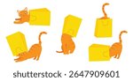 Ginger cats play with yellow paper shopping bags. Collection of kittens in various poses is misbehaving and playing around, crazy funny fluffy kittens. Vector