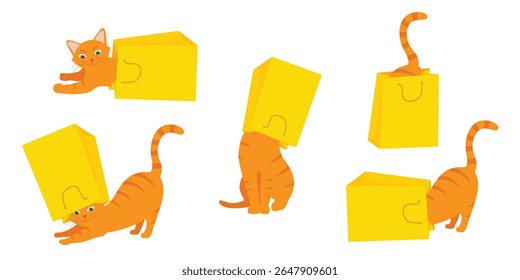 Ginger cats play with yellow paper shopping bags. Collection of kittens in various poses is misbehaving and playing around, crazy funny fluffy kittens. Vector