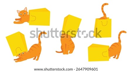 Ginger cats play with yellow paper shopping bags. Collection of kittens in various poses is misbehaving and playing around, crazy funny fluffy kittens. Vector
