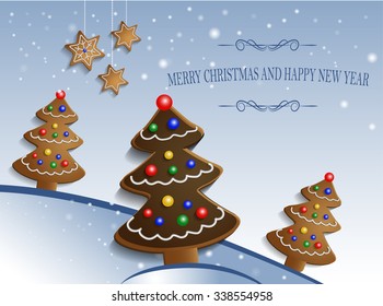 Ginger chocolate trees on snow background with decorations and stars