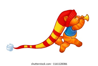 Ginger christmas cat playing on trumpet. Vector illustration isolated on a white background.
