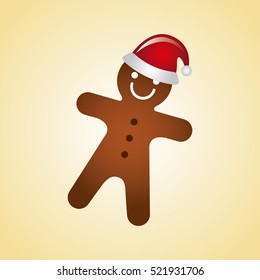 ginger cookie with christmas hat over yellow background. merry christmas design. vector illustration