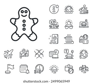 Ginger cookie sign. Plane jet, travel map and baggage claim outline icons. Gingerbread man line icon. Sweet holiday food symbol. Gingerbread man line sign. Car rental, taxi transport icon. Vector