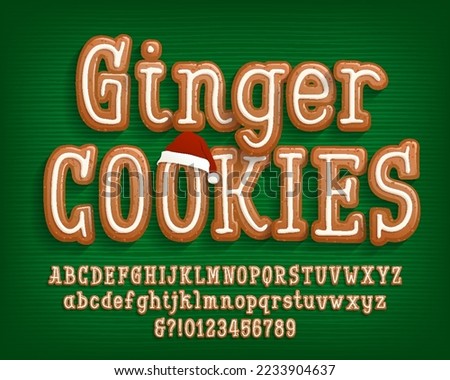 Ginger Cookies alphabet font. Cartoon letters and numbers. Uppercase and lowercase. Christmas holiday vector illustration for your typography design.