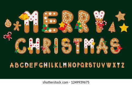 ginger cookies alphabet, merry christmas and happy new year, vector illustration