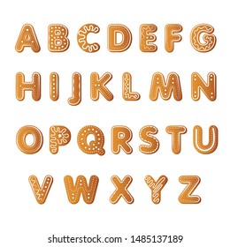 Ginger cookies alphabet. Xmas letters covered by icing sugar. Christmas concept. Realistic vector illustration can be used for topics like food, gingerbread, biscuit