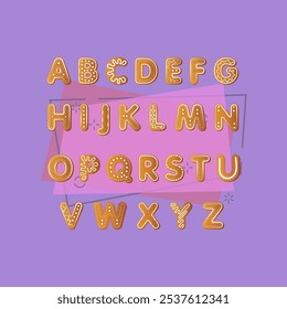 Ginger cookies alphabet. Xmas letters covered by icing sugar. Christmas concept. Realistic vector illustration can be used for topics like food, gingerbread, biscuit