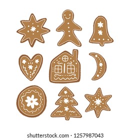 Ginger cookies holiday cookies collection, flat vector icons, biscuit art. Good for prints, t-shirts posters or apps.