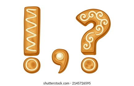 Ginger cookies punctuation marks. Exclamation, question mark and comma covered by icing sugar cartoon vector illustration