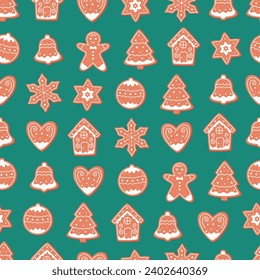 Ginger cookies seamless pattern. Merry Christmas and Happy Holidays. Winter homemade sweets. Vector illustration in flat style