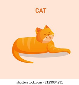 Ginger cute cat lies on an isolated background. Vector cartoon illustration