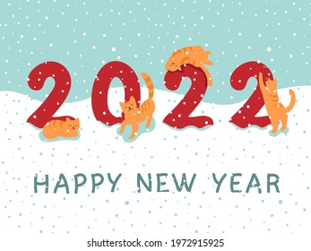 Ginger cute cats tigers sit and stand around the numbers 2022