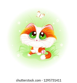 Ginger cute kitten with green eyes looks at a white butterfly. Delicate green background with grass and daisies.