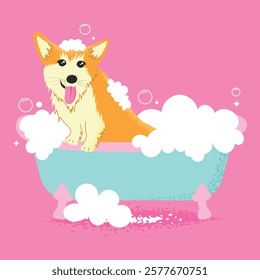 Ginger dog bathes in a bubble bath