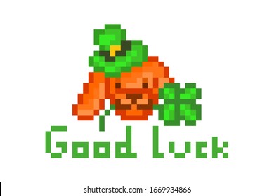 Ginger dog in a green hat holding four-leaf clover in the mouth and good luck wish, pixel art Saint Patrick's Day character isolated on white background. 8 bit slot machine/video game grapics.